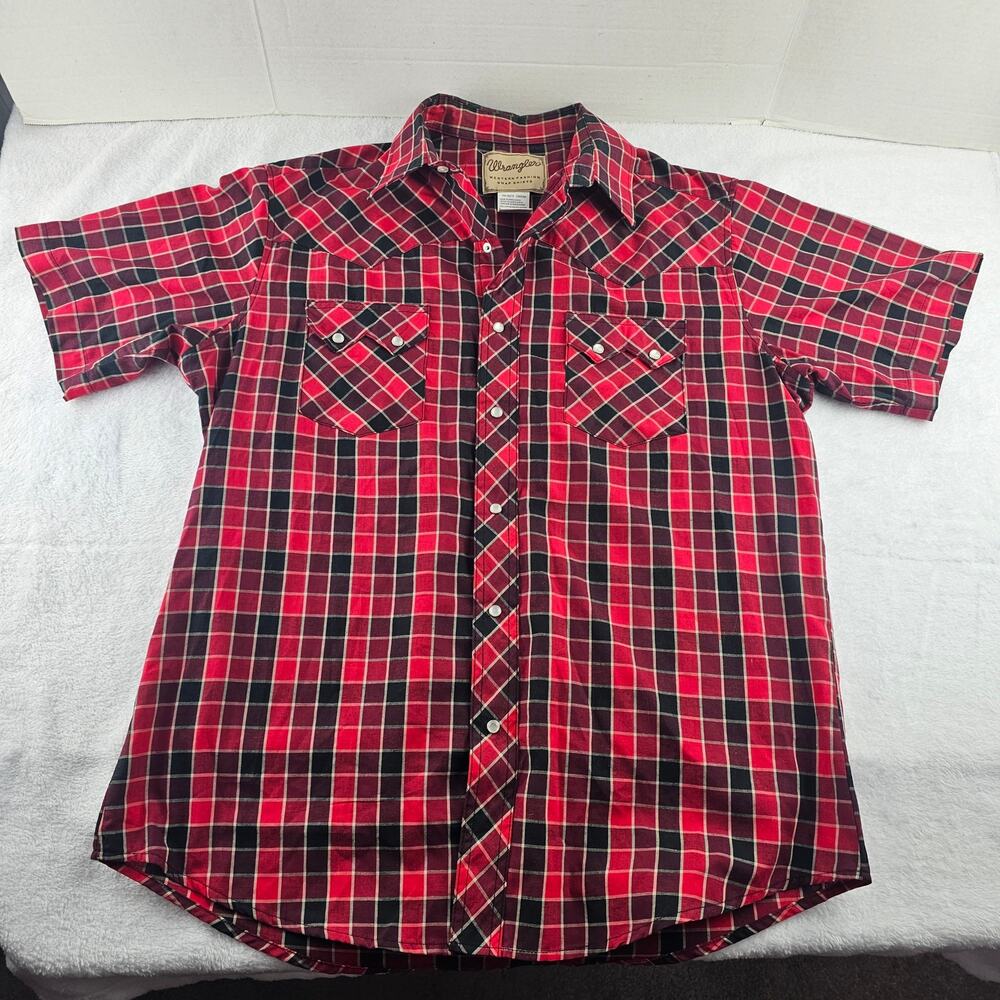 Wrangler Plaid Shirt Mens Red/ Black Pearl Snap Short Sleeve Western Size Large